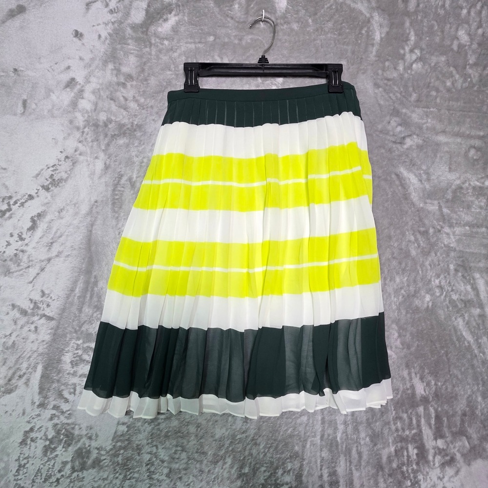 Ann Taylor Green White Yellow Striped Pleated Midi Skirt Size 6 Colorblock
